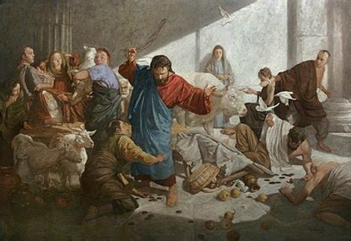 Where did jesus overturn the money tables?