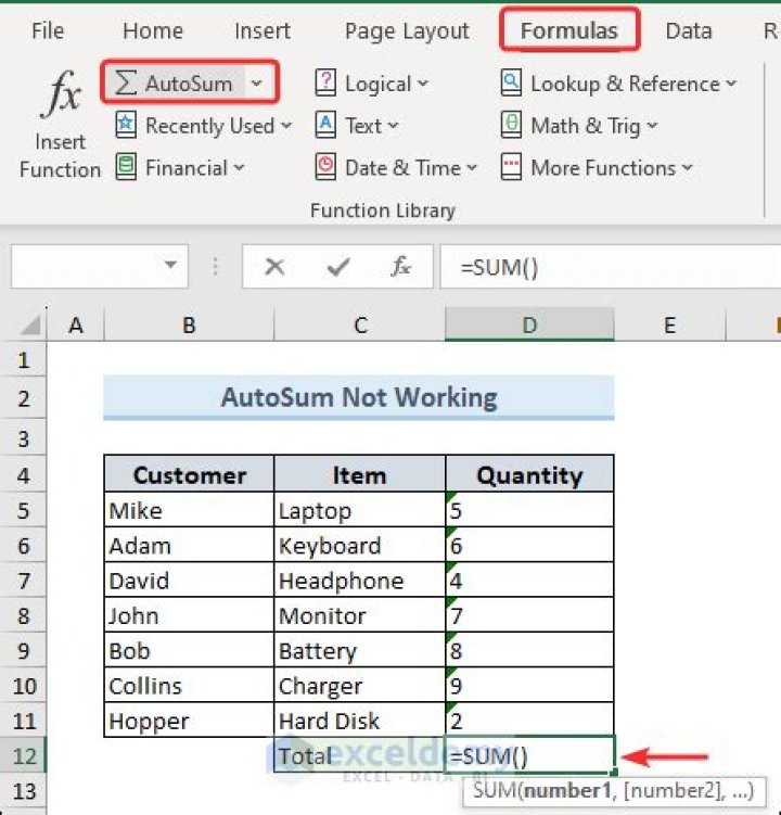 Why won't my column autosum in excel?